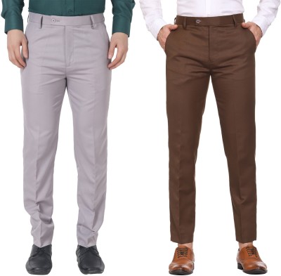 Maleno Slim Fit Men Grey, Brown Trousers