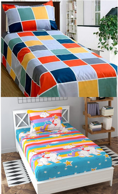 Decent Home 240 TC Cotton Single Printed Flat Bedsheet(Pack of 2, Multicolor, Blue)
