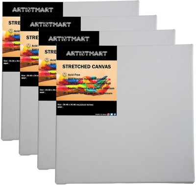 ARTISTMART 12x12 Inches White Cotton Medium Grain Stretched Canvas Board (Set of 4)(White)