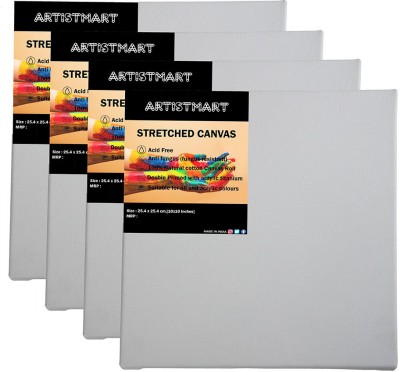 ARTISTMART 10x10 Inches White Cotton Medium Grain Stretched Canvas Board (Set of 4)(White)