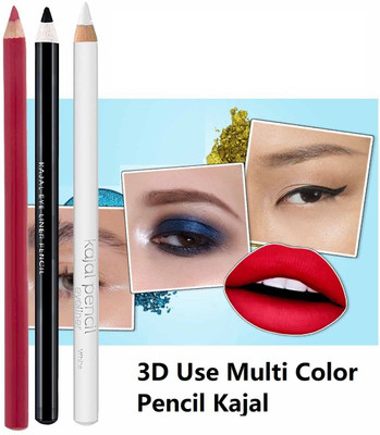 MYEONG multi use eye lip makeup look eyeliner & kajal pencil eye make up(White, Black, Red, 6 g)