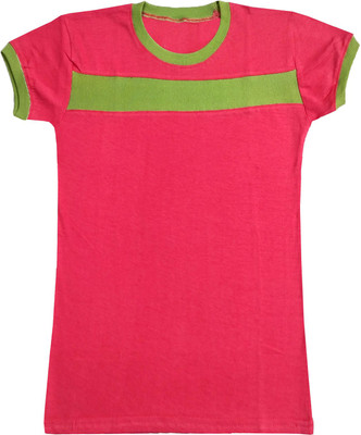 KAVYA Boys & Girls Colorblock Pure Cotton Regular T Shirt(Pink, Pack of 1)