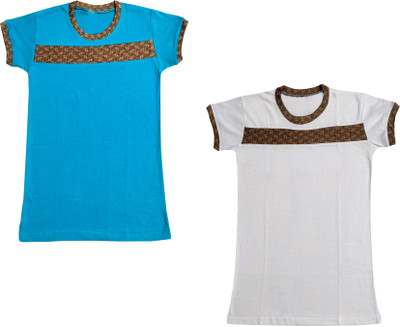 IndiWeaves Boys & Girls Self Design Pure Cotton Regular T Shirt(White, Pack of 2)