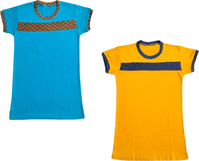 KAVYA Boys & Girls Colorblock Pure Cotton Regular T Shirt(Blue, Pack of 2)