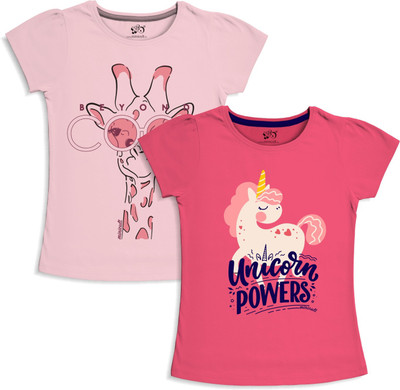 minicult Girls Graphic Print Cotton Blend Regular T Shirt(Pink, Pack of 2)
