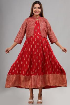 Rangropaz Women Printed Flared Kurta(Maroon)