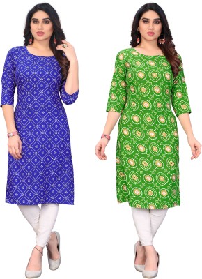 KILLARI Women Printed Straight Kurta(Green, Blue)