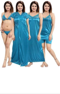 NIGHTGIRL Women Robe and Lingerie Set(Blue)