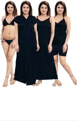 NIGHTGIRL Women Robe and Lingerie Set(Black)