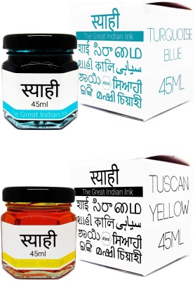 Syahi - The Great Indian Ink - Fountain, Calligraphy, Dip pen, v7 v5 Trimax ink Ink Bottle(Pack of 2, Ink Color - Turquoise Blue, Yellow)