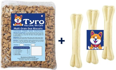 Tyro Multi-Grain Dog Biscuit (Chicken Flavor) with 3pc X 4Inch High Protein Chew Bone Chicken 1 kg Dry Adult, Young Dog Food