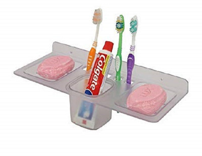 REWIRE 4 in 1 Multipurpose Bathroom Shelf/Paste-Brush Stand/Soap Stand/Tumbler Holder Plastic Wall Shelf(Number of Shelves - 1, White)