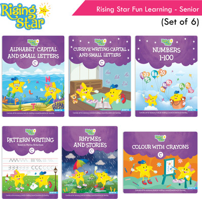 Rising Star Fun Learning Senior KG Book Set (Set Of 6)| Alphabet Capital & Small Letter Cursive Writing| Number 1-100| Colouring Book| Pattern Writing| Rhymes & Stories Book | Ages 5-6 Years(Paperback, Rising Star) Rising Star Fun Learning Senior KG Book Set (Set Of 6)| Alphabet Capital & Small Letter Cursive Writing| Number 1-100| Colouring Book| Pattern Writing| Rhymes & Stories Book | Ages 5-6 Years(Paperback, Rising Star)