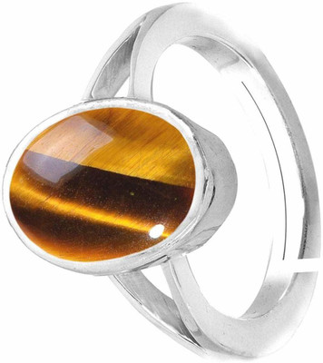 EVERYTHING GEMS 7.00 Ratti 6.00 Carat Natural Tiger's Eye Stone Original and Lab Certified Brass Crystal Silver Plated Ring