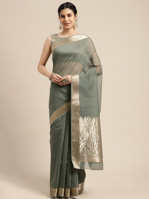 Ratnavati Self Design Hand Batik Linen Saree(Gold, Grey)