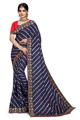 jayant creation Striped Bollywood Silk Blend Saree(Dark Blue)