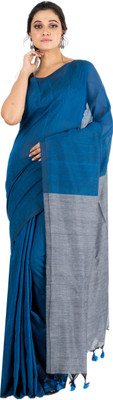 Durga Handlooms Solid/Plain Handloom Pure Cotton Saree(Dark Blue)