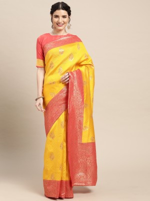 Ratnavati Woven, Floral Print Banarasi Silk Blend Saree(Yellow)