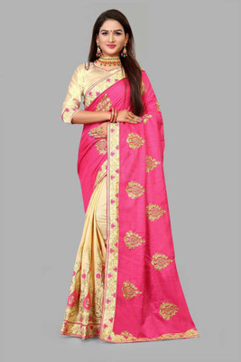 JANVI CREATION Self Design, Printed, Applique, Embroidered, Solid/Plain Bollywood Art Silk Saree(Pink)