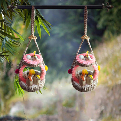 The Décor Shop Handmade Home Décor Artificial Hanging Jute Birds for Balcony and Garden Combo Decorative Showpiece  -  30 cm(Jute, Pink)