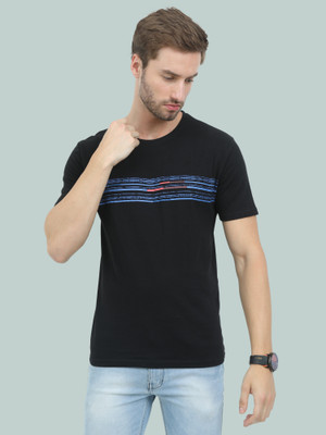 Reya Striped Men Round Neck Black T-Shirt