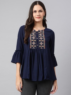 Os Casual Self Design, Embroidered Women Dark Blue Top