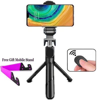 POZUB 3-in-1 Multifunctional Extendable Bluetooth Selfie Stick Tripod Mobile Holder Tripod, Monopod Kit, Monopod, Tripod Ball Head, Tripod Clamp, Tripod Bracket, Tripod Kit(Black, Supports Up to 600 g)