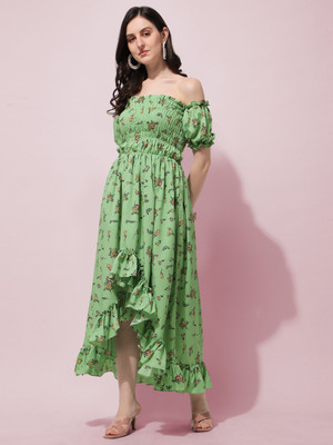 Oomph! Women Ruffled Green Maxi/Full Length Dress