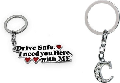 Deethyas Fashion Pack of 2 Drive Safe Metal and C letter Metal Crystal Stone Wife Gifting Husband Key Chain