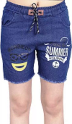 Qtsy Short For Boys Casual Printed Denim(Blue, Pack of 1)