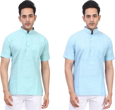 Kundan Men Self Design Straight Kurta(Light Blue, Light Green)