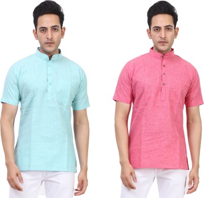 Kundan Men Solid Straight Kurta(Pink, Light Green)