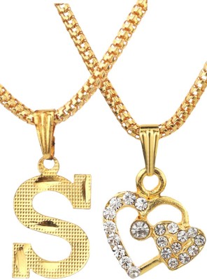 TulipMash Alphabet S & Dual Heart Shape Premium Pendant Locket For Everyone (Pack Of -2) Gold-plated Crystal Brass Locket