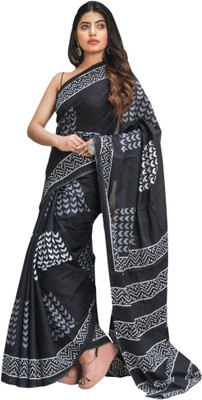 Clothonus Printed, Self Design, Hand Painted, Blocked Printed, Graphic Print Ikkat Pure Cotton Saree(Black)