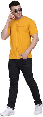 xitetees Solid Men Round Neck Yellow T-Shirt