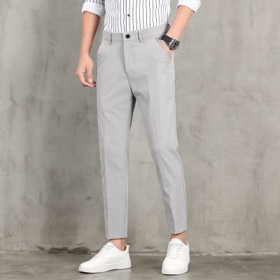 Slim Fit Men Silver Cotton Lycra Blend Trousers