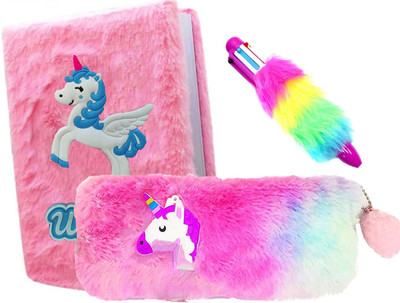 Neel Unicorn Combo-3pcs Fur Diary/Fur Pouch & 6in1 Fur Pen for Kids Stationery kit