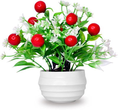 NERAPI Beautiful Blossom Red Cherry Artificial Plant Décorative Piece Artificial Plant  with Pot(17 cm, Multicolor)