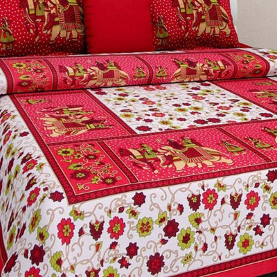 Butea Crape 124 TC Cotton Queen Jaipuri Prints Flat Bedsheet(Pack of 1, Gangor Red)