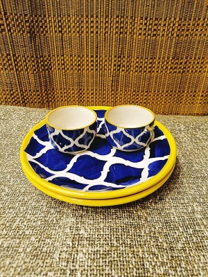 caffeine Pack of 4 Ceramic Handmade Blue Umrao Combo Dinner Set(Blue, Microwave Safe)