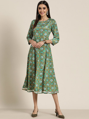 Shae by SASSAFRAS Women Ethnic Dress Green Midi/Calf Length Dress