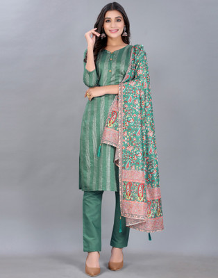 Samah Cotton Blend Embellished, Self Design, Striped Salwar Suit Material