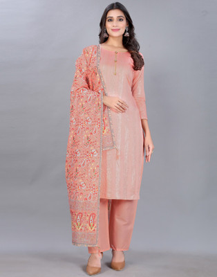 Samah Cotton Blend Embellished, Self Design, Striped Salwar Suit Material