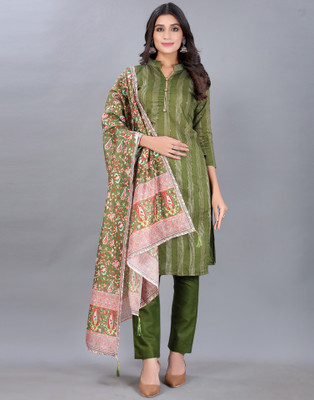 Samah Cotton Blend Embellished, Self Design, Striped Salwar Suit Material