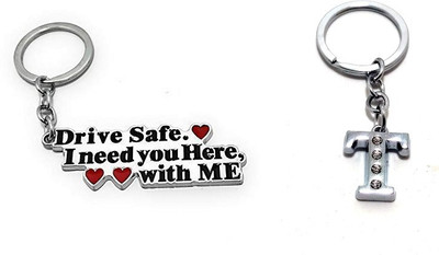 Deethyas Fashion Pack of 2 Drive Safe Metal and T letter Metal Crystal Stone Wife Gifting Husband Key Chain