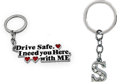Deethyas Fashion Pack of 2 Drive Safe Metal and S letter Metal Crystal Stone Wife Gifting Husband Key Chain