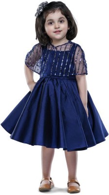 JELLY JONES Girls Midi/Knee Length Festive/Wedding Dress(Dark Blue, Fashion Sleeve)