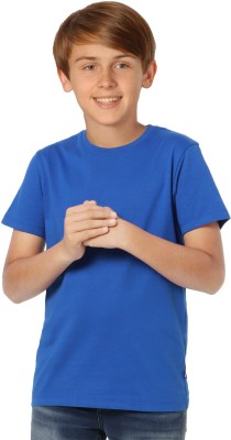 Jack & Jones Junior Boys Solid Pure Cotton T Shirt(Blue, Pack of 1)
