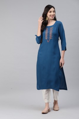 Highlight fashion export Women Embroidered Straight Kurta(Blue)