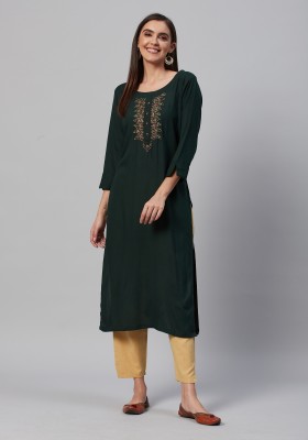 Highlight fashion export Women Embroidered Straight Kurta(Dark Green)